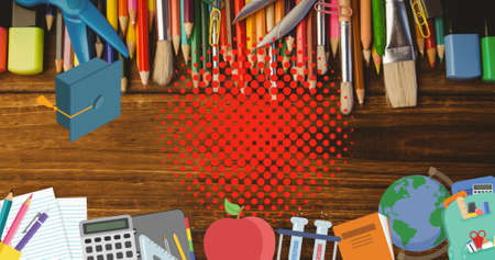 Image of school items icons moving over desk. school, education and study concept digitally...