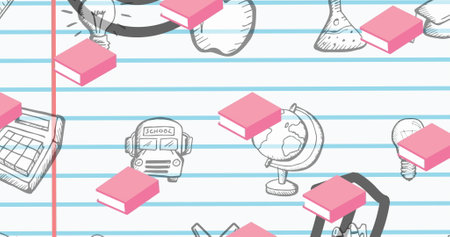 Image of school items icons moving on white background. education, development and learning concept digitally generated image.の写真素材