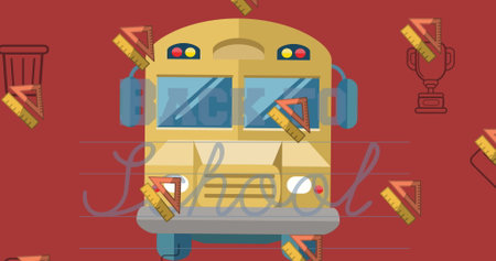 Image of back to school text over school items icons on red background. school, education and study concept digitally generated image.の写真素材