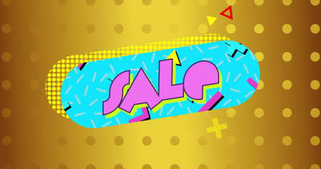 Image of the word Sale in pink letters on a blue capsule shape with dotted yellow drop shadow and...