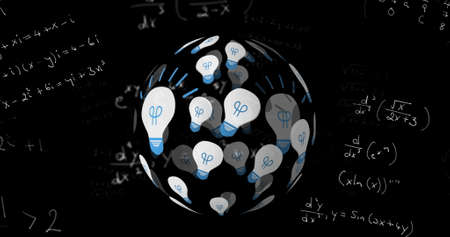 Image of spinning globe formed with light bulbs mathematical formulae on black background. Science...