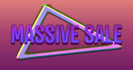 Image of moving triangle shapes on changing colourful background and the words Massive Sale appearing in purple capital letters with a metallic outline triangle and a shaft of light on a dark pink backgroundの写真素材