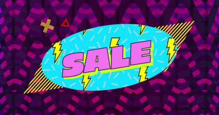 Image of the word Sale written in pink letters on a blue oval with scrolling yellow lightning flash pattern against dark pink and purple striped v shapes in background with moving graphic elements 4kの写真素材