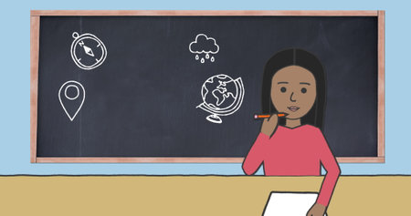 Image of school icons on blackboard and schoolgirl writing on blue background. education, learning and school concept digitally generated image.の写真素材
