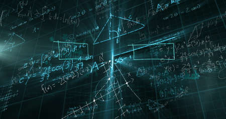 Image of mathematical equations floating over black background. Education back to school concept digitally generated image.の写真素材