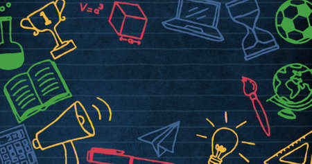 Digital image of Multiple school concept icons moving over horizontal lines against blue background....