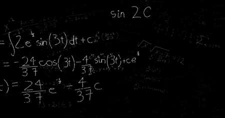 Image of multiple mathematical formulae flowing on black background. Science problem solving...