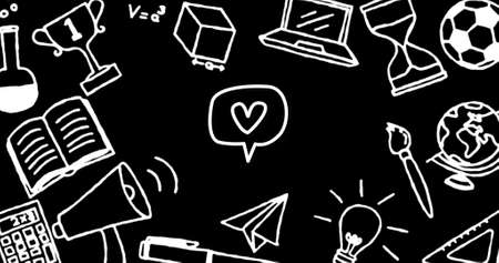 Digital image of heart in speech bubble icon and multiple school concept icons against black backgroundの写真素材