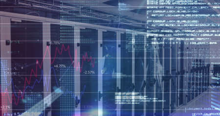 Digital composite image of Financial data processing over grid lines against server room. Global...
