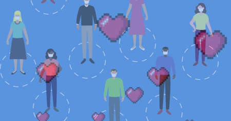 Image of heart digital icons floating and people wearing face masks social distancing on blue...
