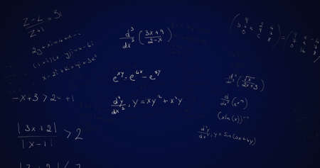 Image of mathematical formulae moving on blue background. Science problem solving education concept...