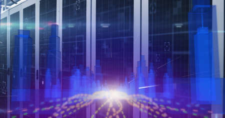 Digital image of glowing spot of light over blue 3D city model against server room. Digital online...