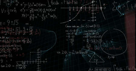 Image of mathematical equations floating over black background. Education back to school concept...