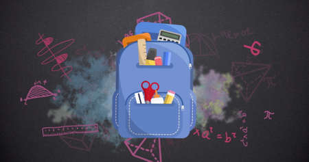 Image of pictogram of school bag with floating mathematical equations in the background. Education back to school concept digitally generated image.の写真素材