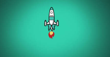 Digital image of rocket icon flying upwards against green background. Illustration, education and...
