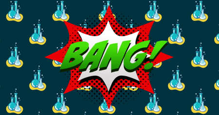 Digital image of green Bang text on red speech bubble over laboratory beakers against blue background pattern. Illustration, education, and digital composite concept.の写真素材