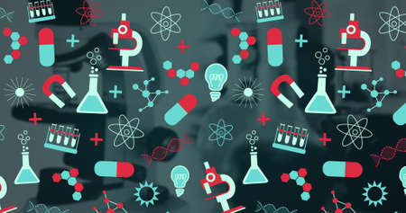 Image of multiple floating chemical pictograms with chemical equipment in the background. Education...