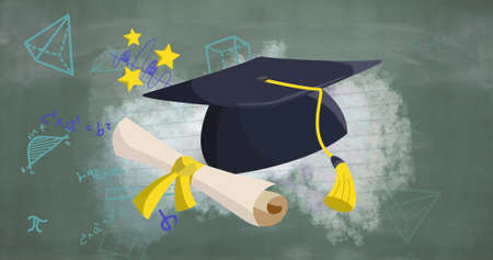 Image of pictograms of diploma and graduation cap over floating mathematical equations on the light background. Education back to school concept digitally generated image.の写真素材