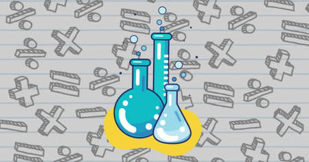 Image of chemical pictogram over multiple floating mathematical symbols on the white background. Education back to school concept digitally generated image.の写真素材