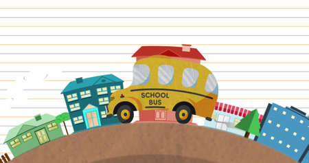 Image of school bus driving across city with buildings and trees on white lined paper in the background. Global school learning education concept digitally generated image.の写真素材