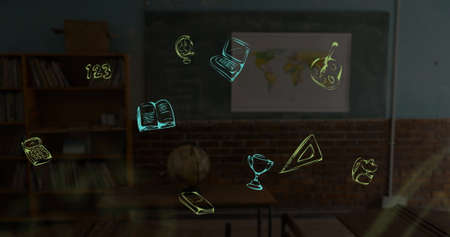 Image of floating school pictograms with classroom in the background. Education back to school...