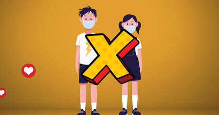 Image of heart digital icons floating, boy and girl wearing face masks social distancing on orange...