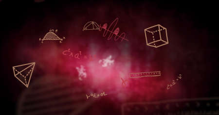 Image of multiple floating mathematical equations on the black background. Education back to school concept digitally generated image.の写真素材