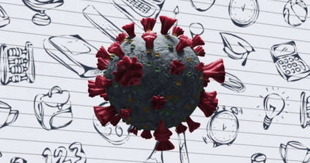 Image of macro covid19 cell spinning over school pictograms on the white background. Education back to school concept digitally generated image.の写真素材