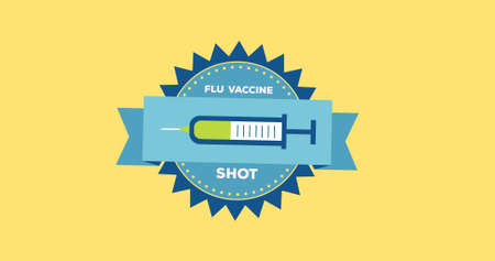 Composition of flu vaccine shot text and syringe icon on yellow background. flu, sickness, virus and...