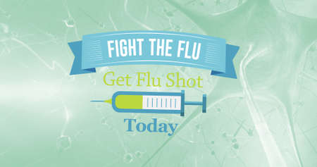 Composition of fight the flu text and syringe icon over cells on green background. flu, sickness, virus and vaccination concept digitally generated image.の写真素材