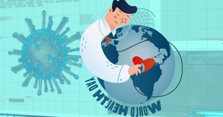 Composition of doctor and globe icons over covid 19 virus cell on green background. global covid 19...