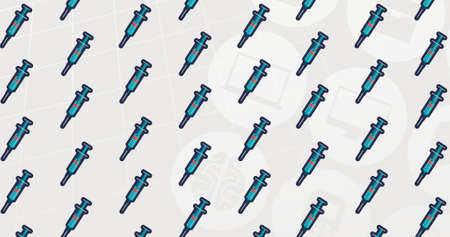 Composition of syringes over digital icons on grey background. global covid 19 pandemic concept digitally generated image.の写真素材