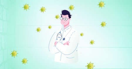 Composition of doctor icon over covid 19 virus cells on green background. global covid 19 pandemic concept digitally generated image.の写真素材