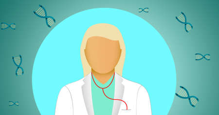 Composition of doctor icon over dna strands on green background. global covid 19 pandemic concept digitally generated image.の写真素材