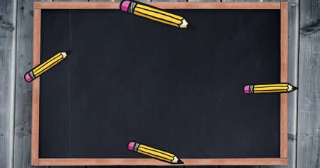 Image of school items icons moving over board. education, development and learning concept digitally generated image.の写真素材