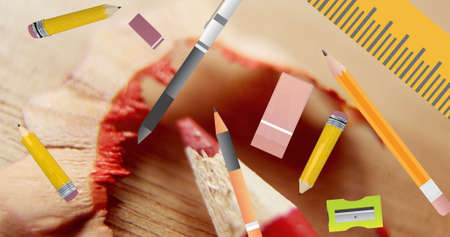 Image of back to school text over school items icons and desk. education, development and learning concept digitally generated image.の写真素材