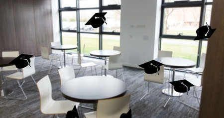 Image of school items icons over canteen. education, development and learning concept digitally...
