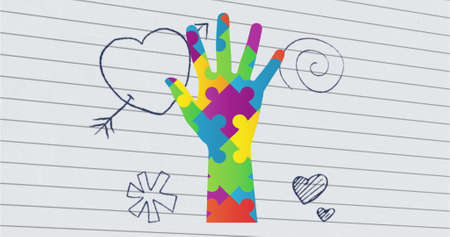 Image of hand formed with puzzles over school icons on ruled paper. autism and learning difficulties awareness and support concept digitally generated image.の写真素材