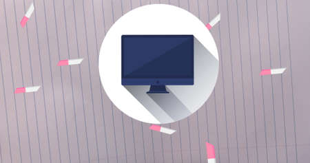 Image of school items icons moving on white background. education, development and learning concept digitally generated image.の写真素材