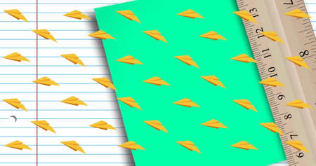 Image of school items icons over desk. education, development and learning concept digitally generated image.の写真素材