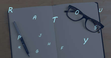 Multiple alphabets floating against glasses and pen on open notebook against wooden surface. school and education conceptの写真素材