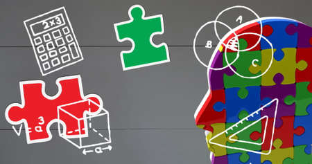 Image of puzzles falling with school icons on grey background. autism and learning difficulties...