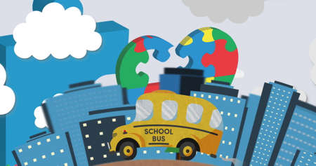 Image of school bus driving through city over heart formed with puzzles. autism and learning...