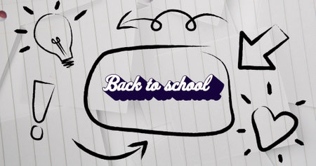 Digital image of welcome back to school text and school concept icons against white lined paper....