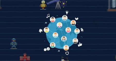 Image of network of people icons and school items icons over globe on blue lined background. global...