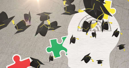 Image of puzzles falling with human head with maze and graduation hats on grey background. autism...