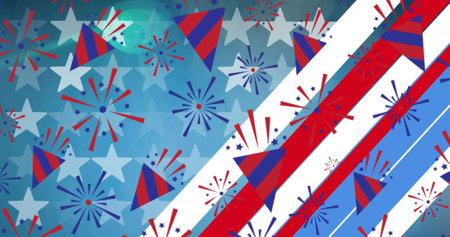 Image of moving red, white and blue stars and stripes patterns of american flag elements. patriotism, independence and celebration concept digitally generated image.の写真素材