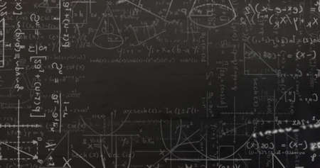 Digital image of data processing against mathematical equations on black background. school and education conceptの写真素材