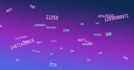 Digital image of multiple changing numbers against purple and blue gradient background. school and...
