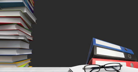 Digital image of glasses and stack if books against multiple numbers and alphabets floating on black background. school and education conceptの写真素材